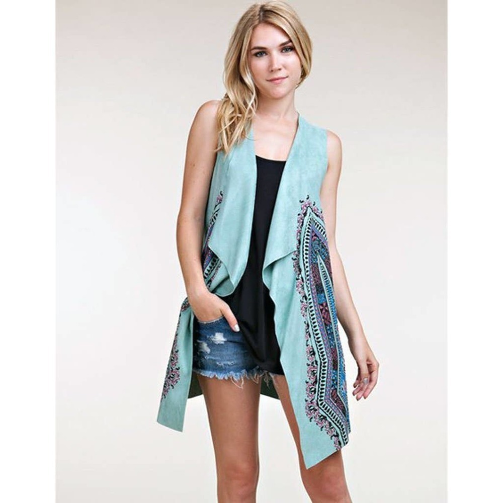 Boho Vixen Vest Faux Suede Embellished Sage Size S